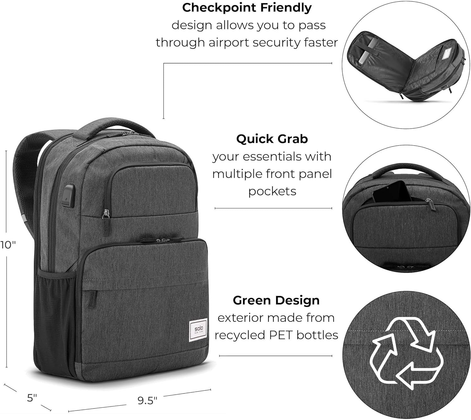 Solo New York Unisex's Re:Discover Laptop Backpack, Grey, Fits up to 15.6"