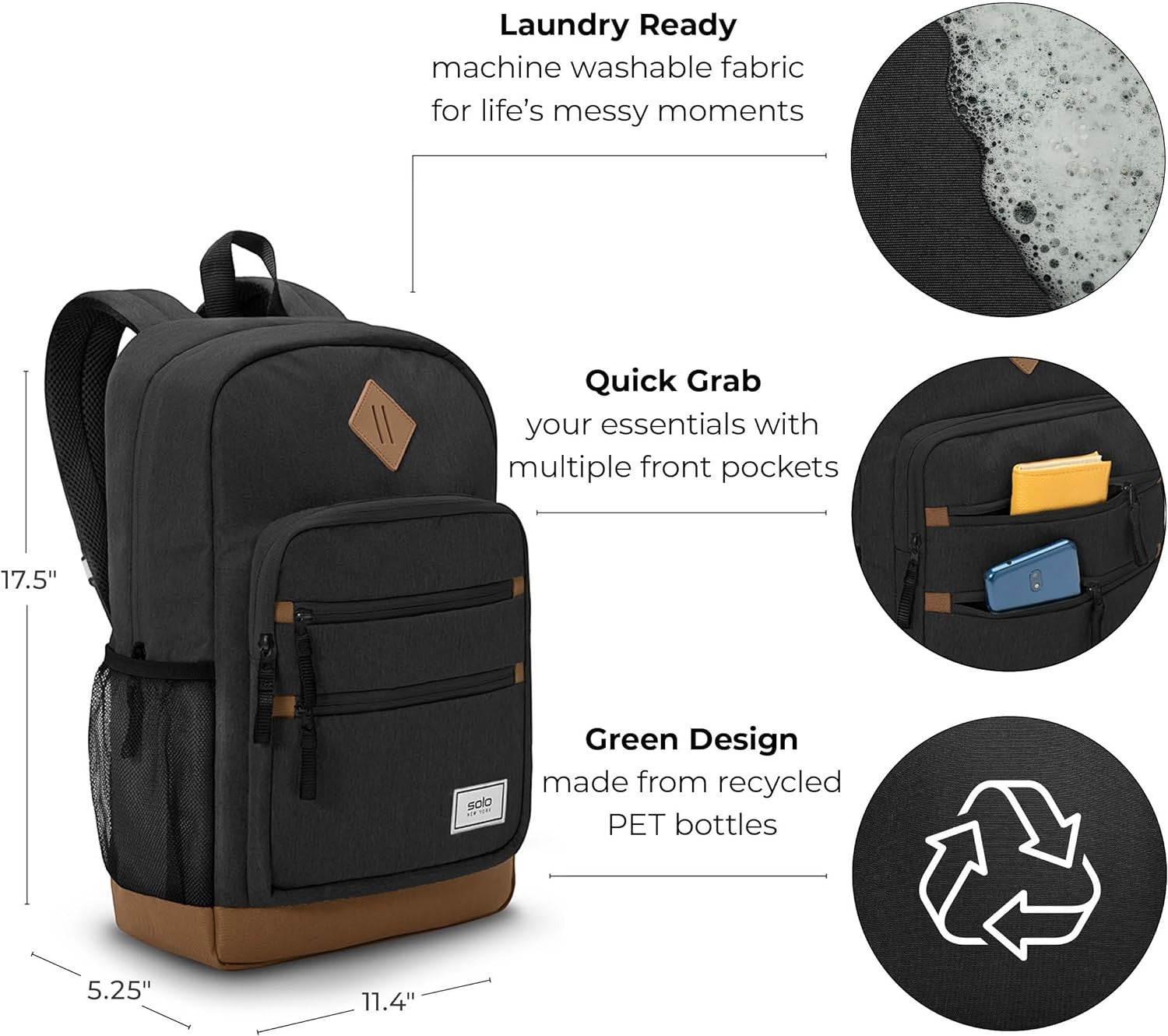 Eco-Friendly Solo Fresh Backpack – Recycled PET, 15.6" Laptop Fit, 19L Capacity (Black)